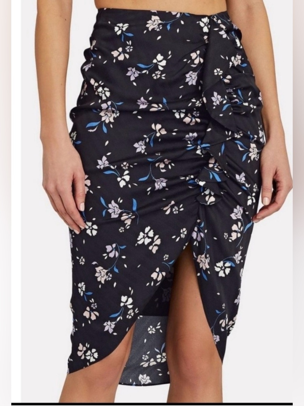 Veronica Beard Black Floral Ruched Midi Skirt with Blue and Pink Blooms